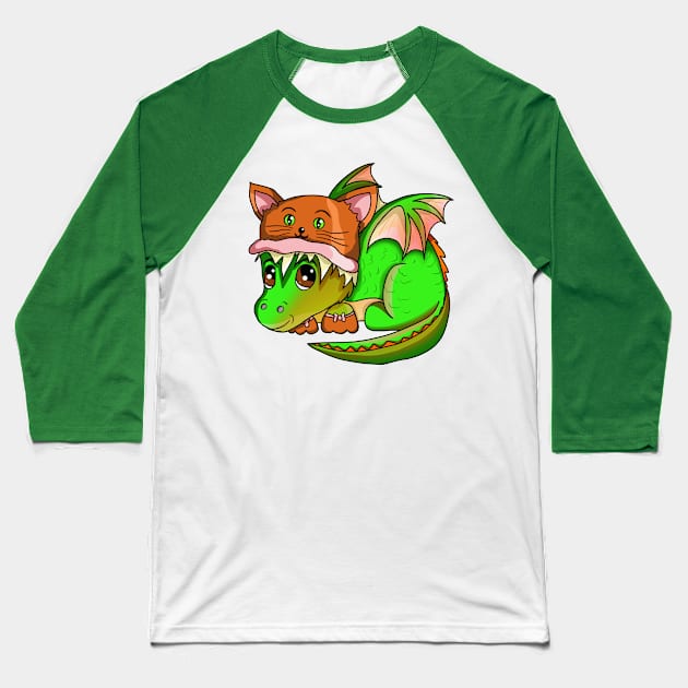 Cute Green Baby Dragon Wearing a Cat Hat Baseball T-Shirt by cuisinecat